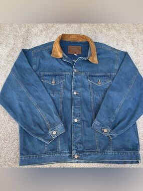 Carroll Original Wear Men’s Denim Jacket Brushed Leather Collar Men's Size XL